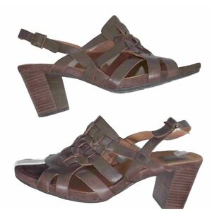 Clarks Artisan Brown Leather Cage Block Heel Strappy Slingback Sandals‎ 10 34-12